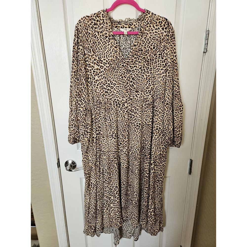 Terra & Sky Leopard Print LS Tiered Ruffled Neckline V-Neck Midi Dress, Plus 2X